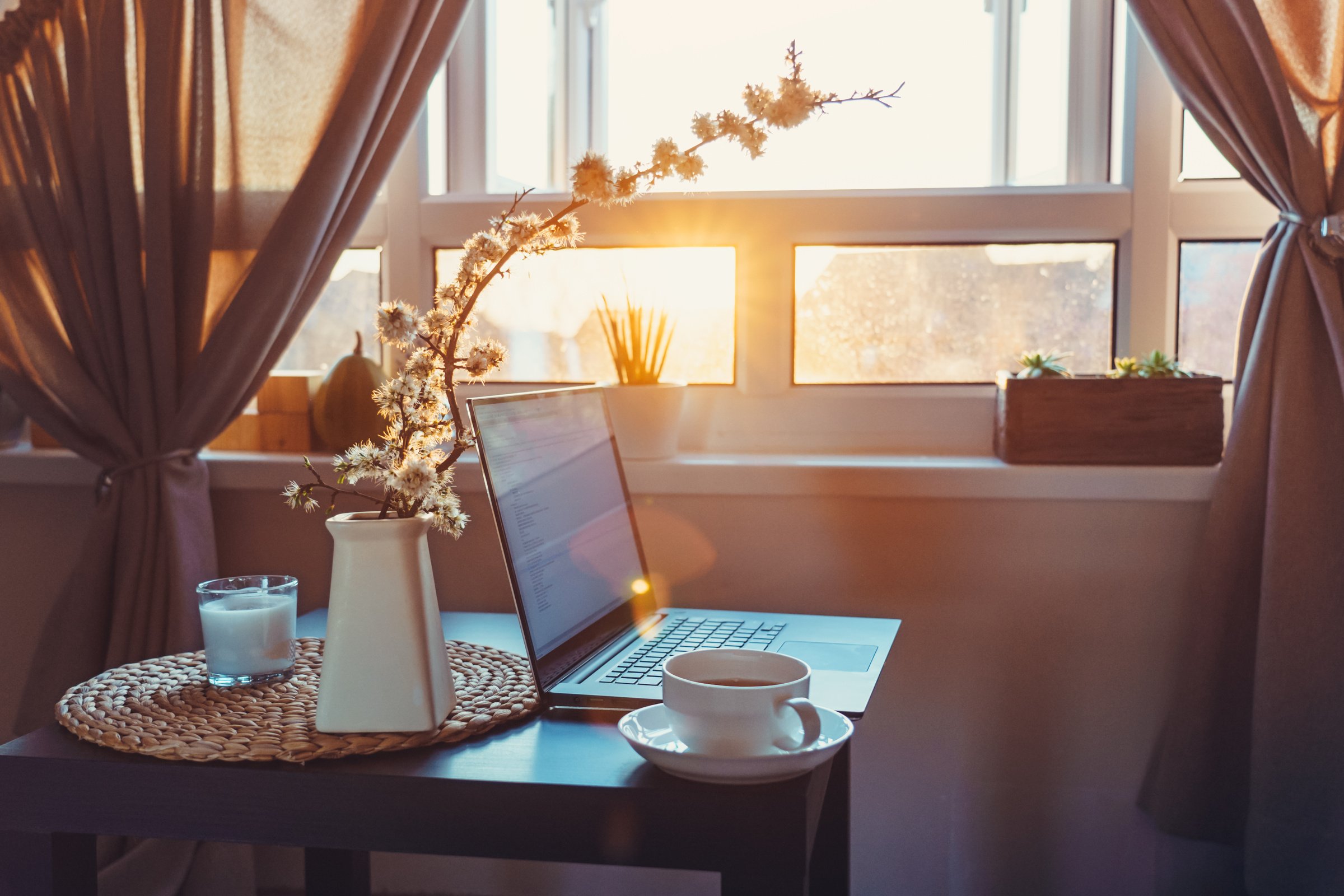 Home Work Office  with Laptop and Coffee Cup near Window 